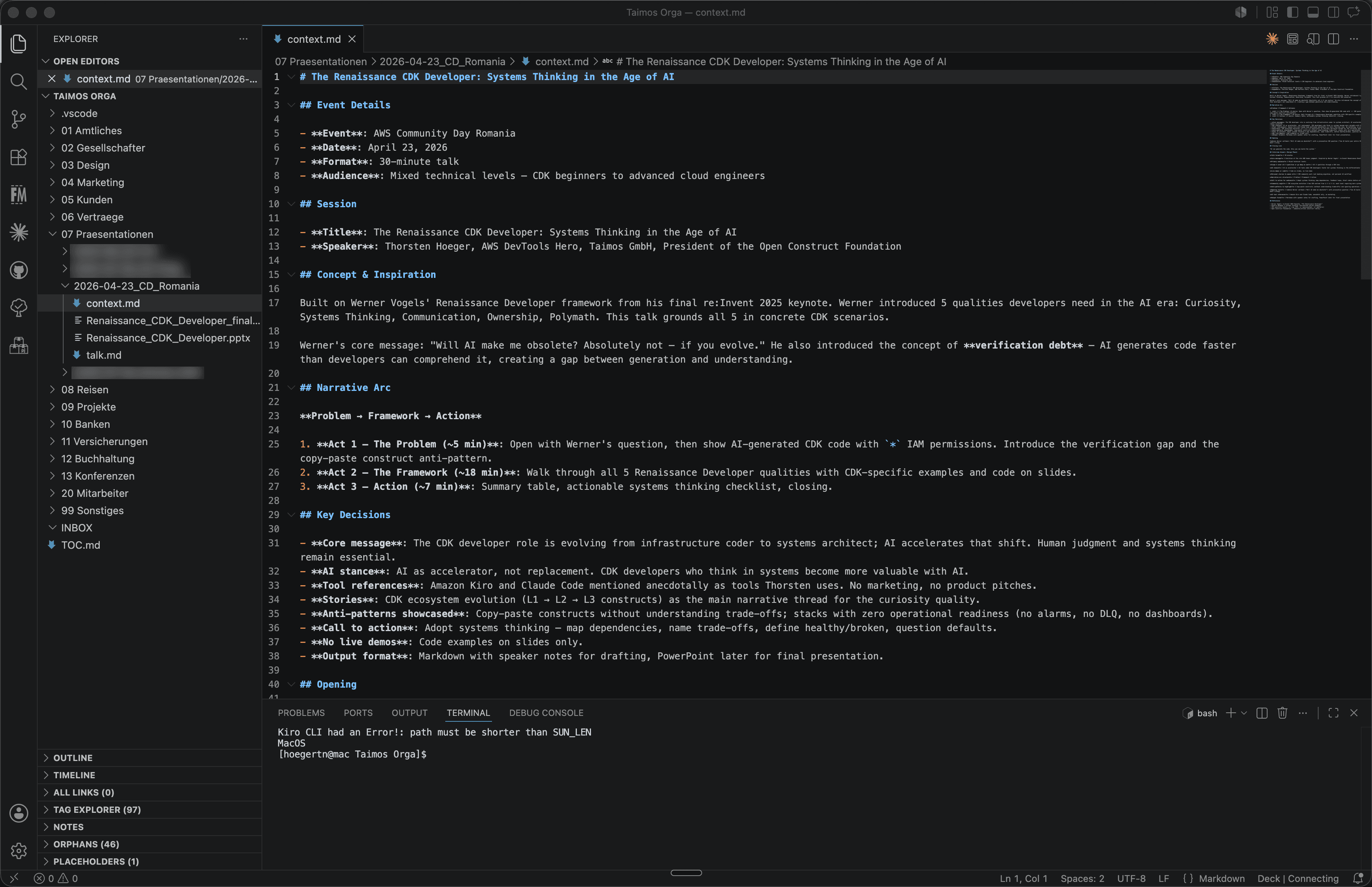 VS Code mit geöffnetem Workspace — links der Ordnerbaum, rechts eine Markdown-Datei