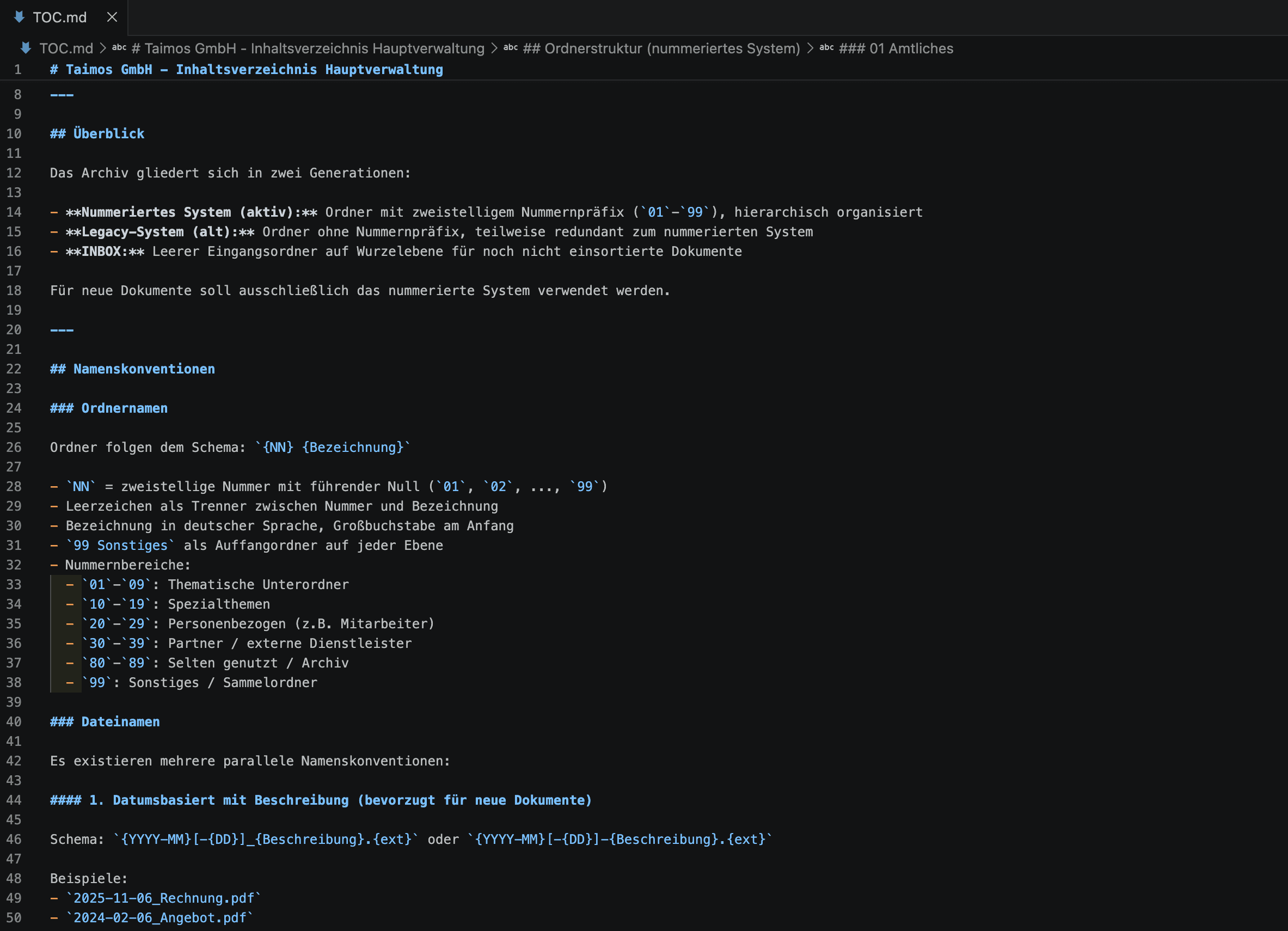 TOC.md geöffnet in VS Code — zeigt die Strukturbeschreibung mit Ordnerbaum und Einordnungsregeln